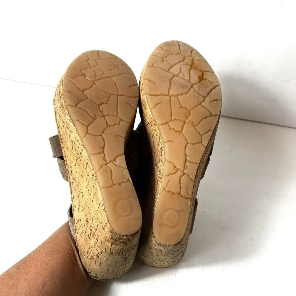 Born Tan Suede Wedge Cork Sandals Womens Sz 11 M Slip On Open Toe Comfort Casual